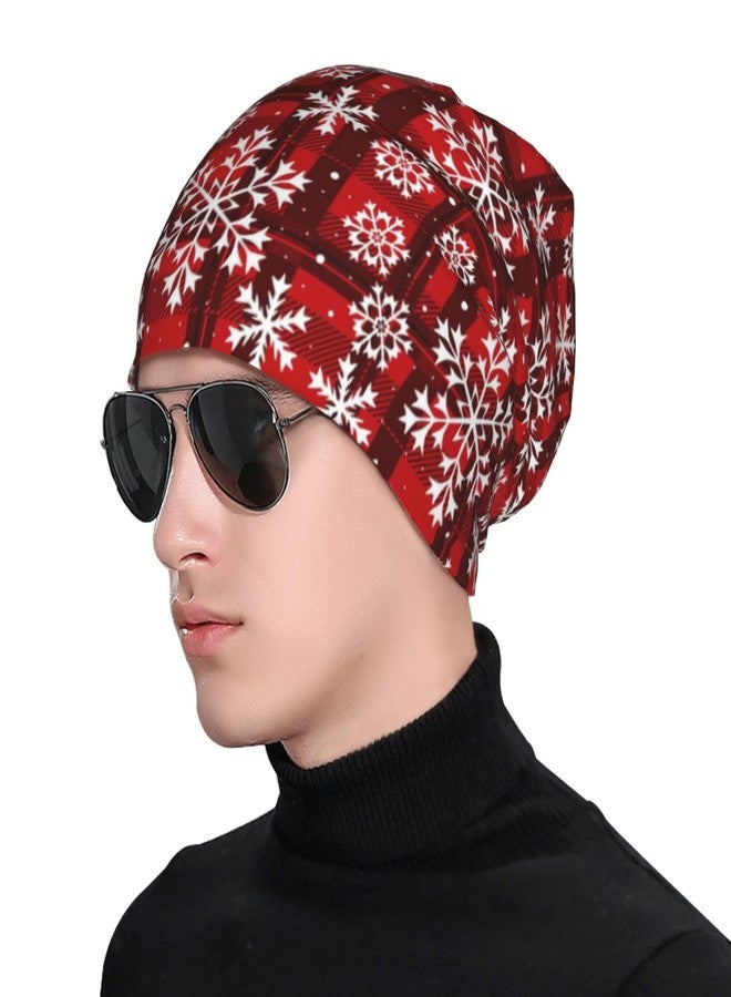 FalePrint Beanie Hat Printed Christmas Snowflakes Red Plaid Breathable Knitted Cap Gifts for Men Women,Thin Stretch Knit Slouchy Cancer Chemo Sleep Hat Unisex Turban Hat Headwear Warm Hip Hop Soft Skull Cap - Image 5